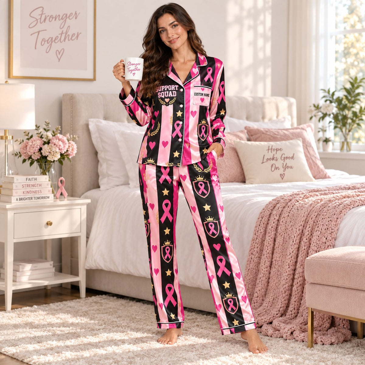 back view of breast cancer awareness satin pajama set with stronger together