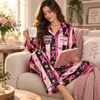model wearing pink ribbon breast cancer awareness pajamas