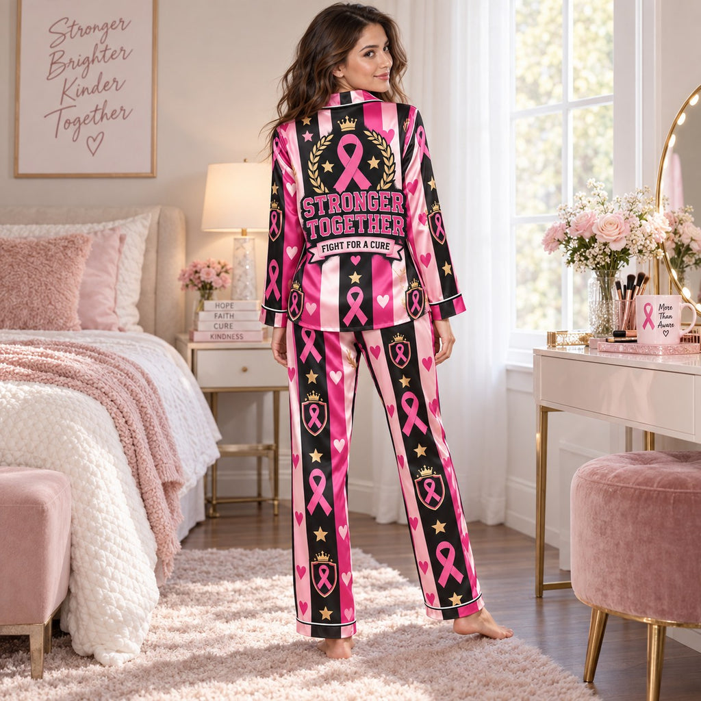 side view of satin pajama set with all over pink ribbon breast
