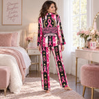 side view of satin pajama set with all over pink ribbon breast