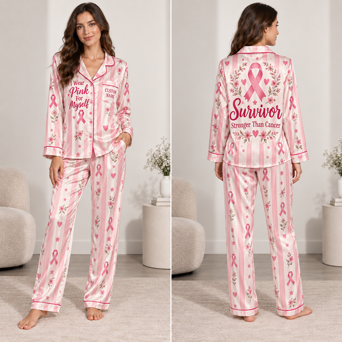 satin pajama set with pink stripes and pink ribbon survivor design worn