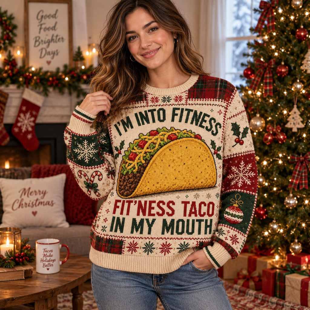 woman wearing a taco christmas sweater in a cozy living room with