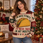 woman wearing a taco christmas sweater in a cozy living room with