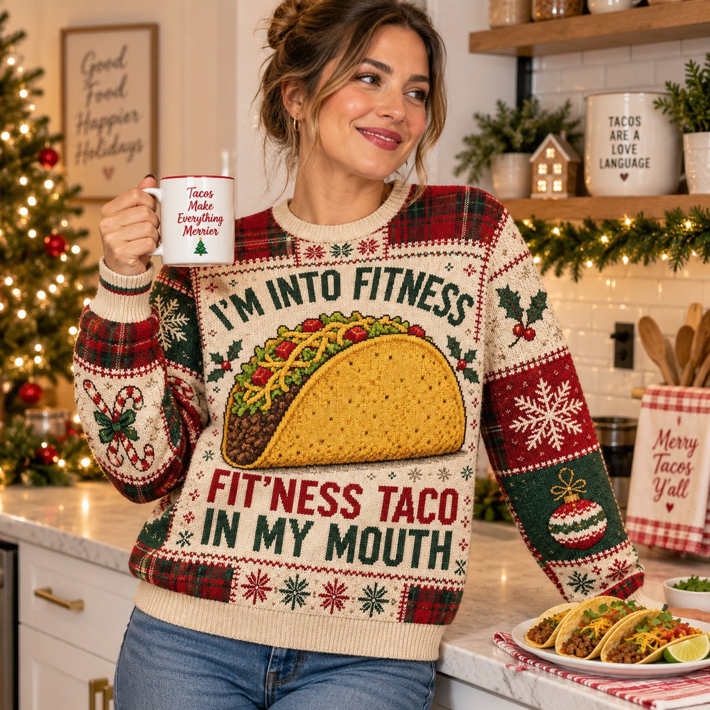 woman holding a coffee mug in the same taco themed all over