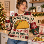 woman holding a coffee mug in the same taco themed all over