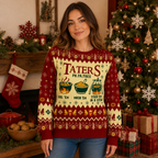 woman modelling a red and cream taters potatoes ugly christmas sweater in