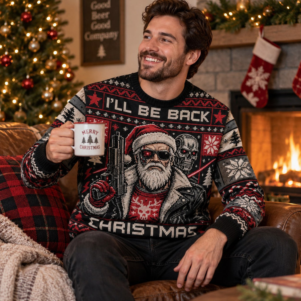 ugly christmas sweater with terminator santa skull artwork