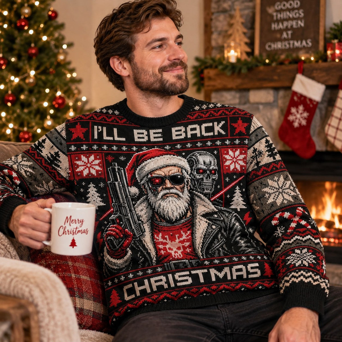 merry christmas mug and terminator santa holiday jumper