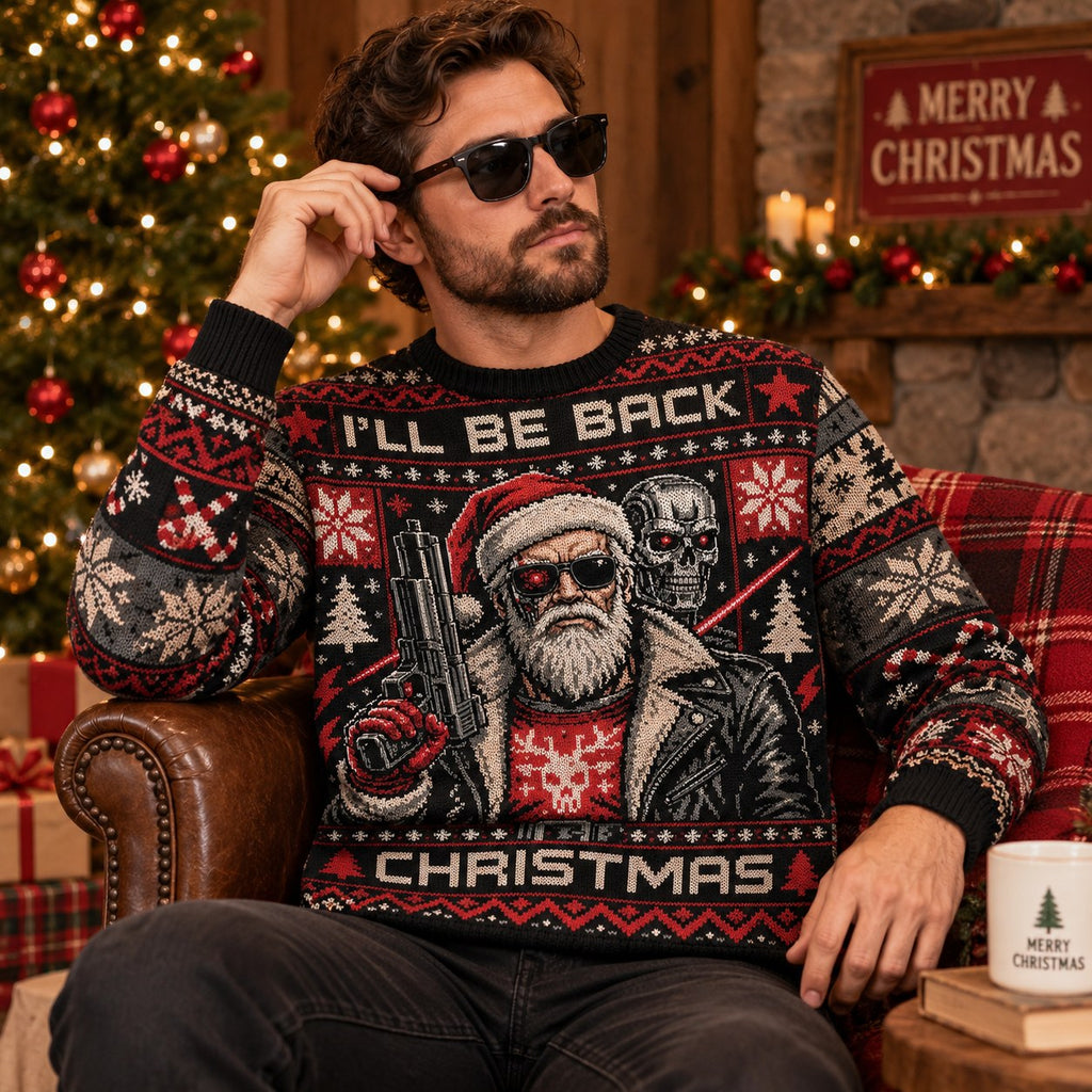 model wearing terminator i'll be back christmas sweater