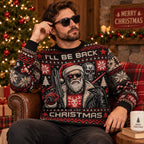 model wearing terminator i'll be back christmas sweater