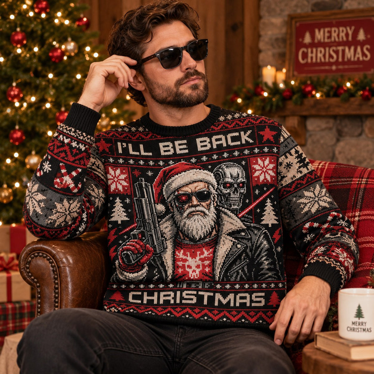 model wearing terminator i'll be back christmas sweater