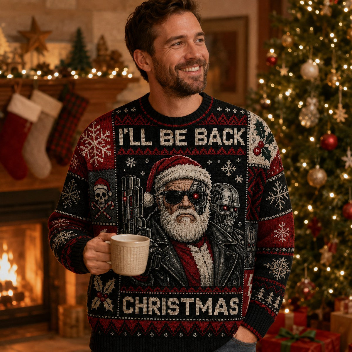 man wearing a terminator santa i'll be back christmas ugly christmas sweater