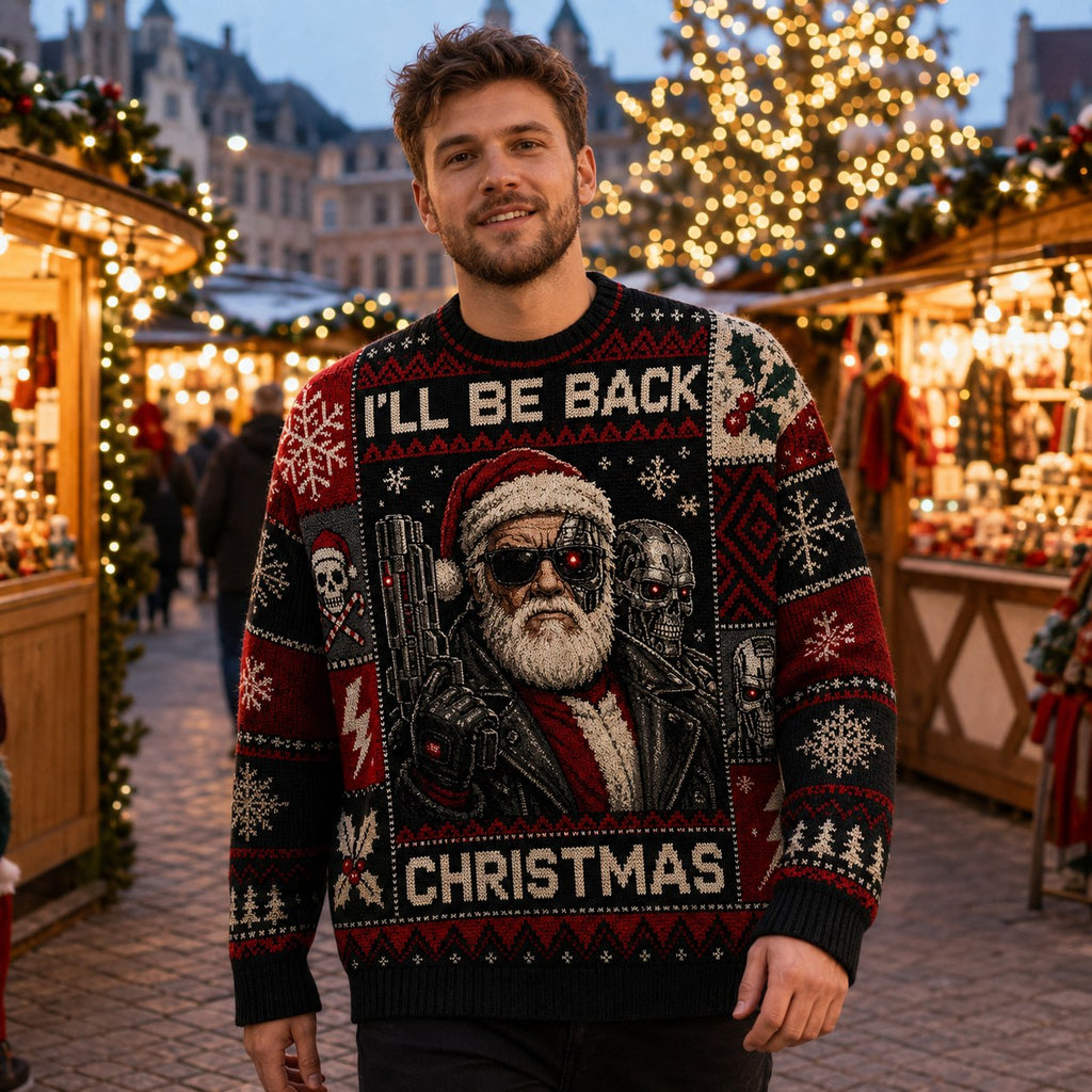 man wearing an ugly christmas sweater with terminator santa at a lit