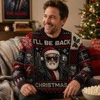 man sitting on a couch wearing a terminator santa ugly christmas sweater