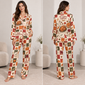 front view of a thanksgiving dinner patchwork satin pyjamas set in autumn