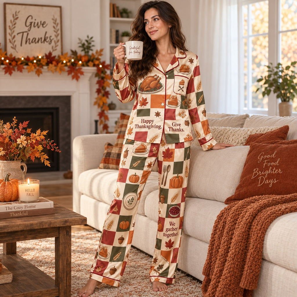 back view showing the we gather together thanksgiving pyjama print