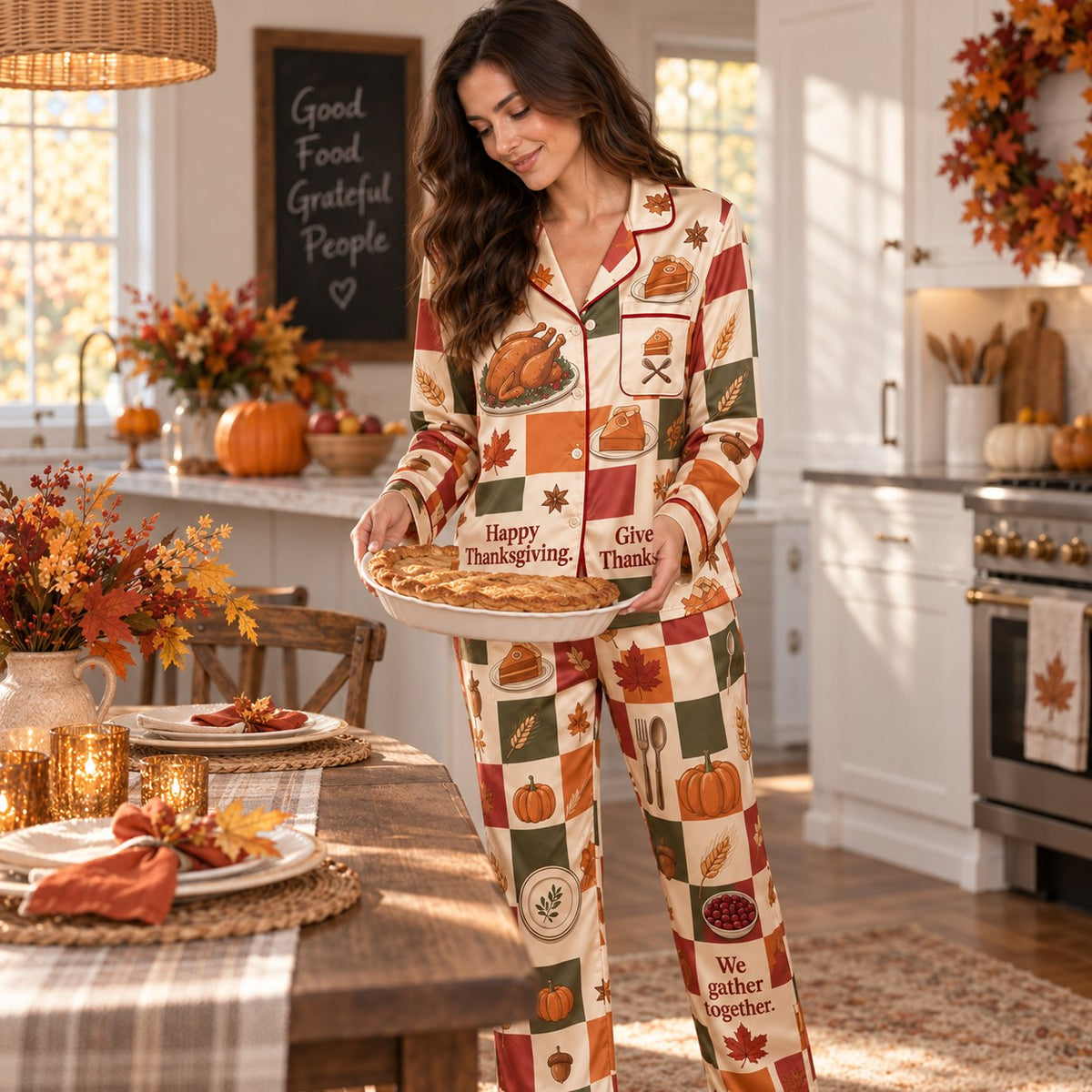 model in a kitchen holding a pie wearing the thanksgiving patchwork pyjama