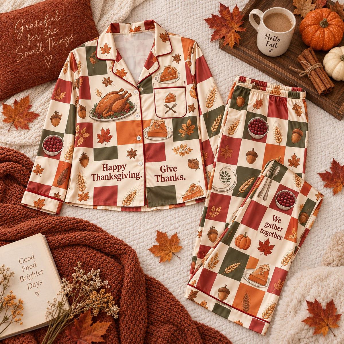 Thanksgiving Dinner Patchwork Pyjamas, Happy Thanksgiving Satin Pyjamas, Give Thanks Lounge Pyjamas Gifts For Her