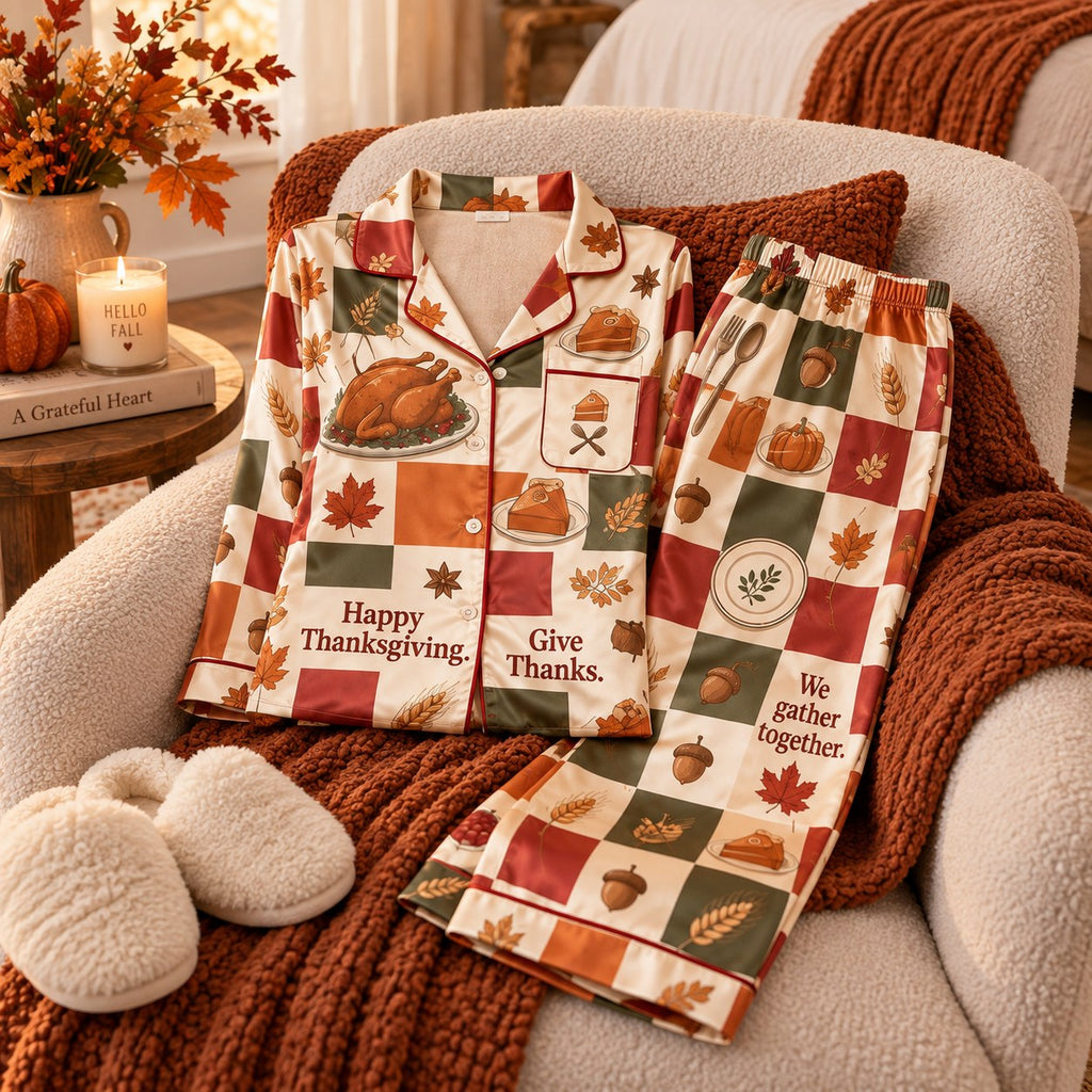Thanksgiving Dinner Patchwork Pyjamas, Happy Thanksgiving Satin Pyjamas, Give Thanks Lounge Pyjamas Gifts For Her