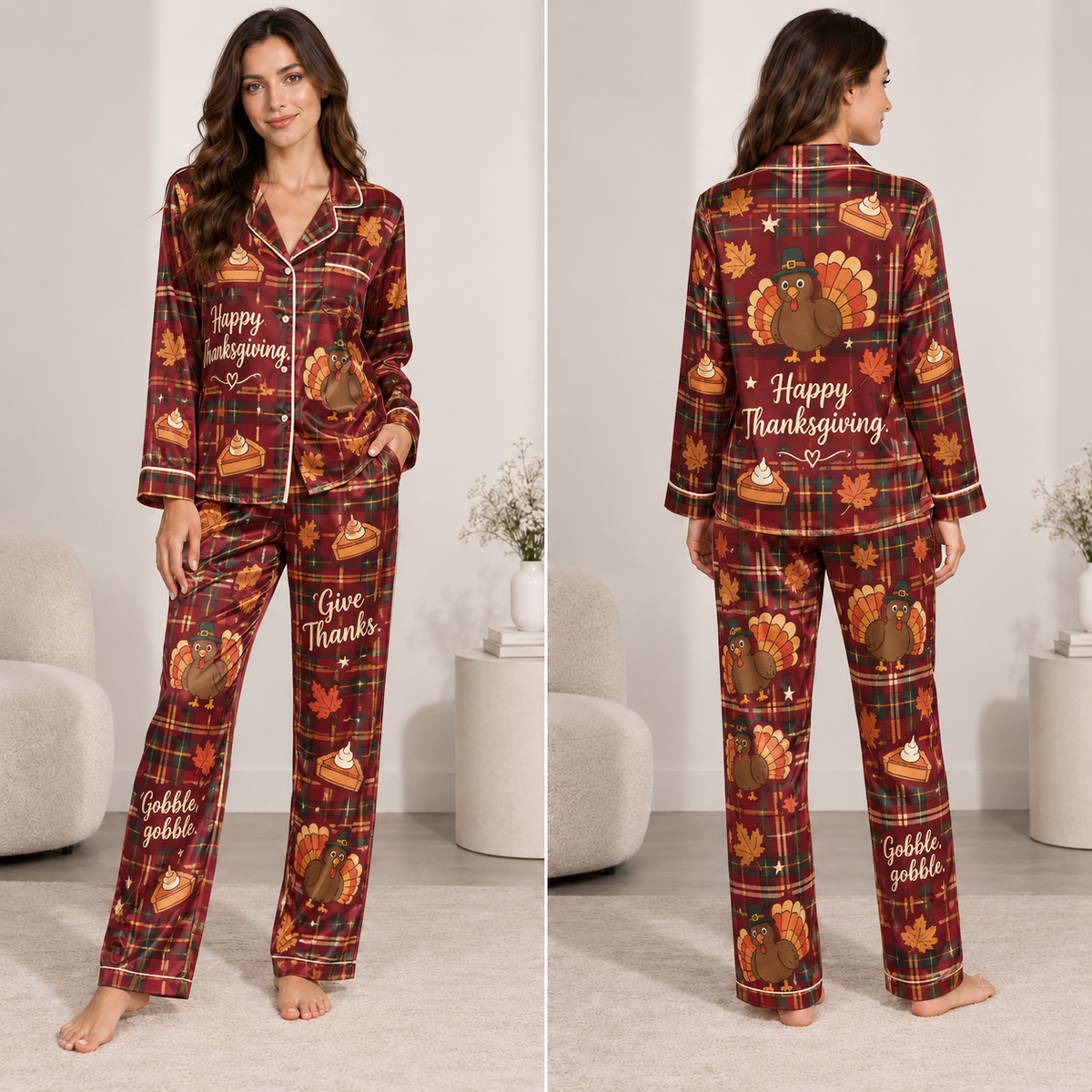 woman wearing red satin thanksgiving pyjamas with turkey and pie print, front