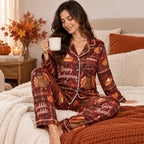 back view of woman in red satin thanksgiving pyjamas showing turkey motif