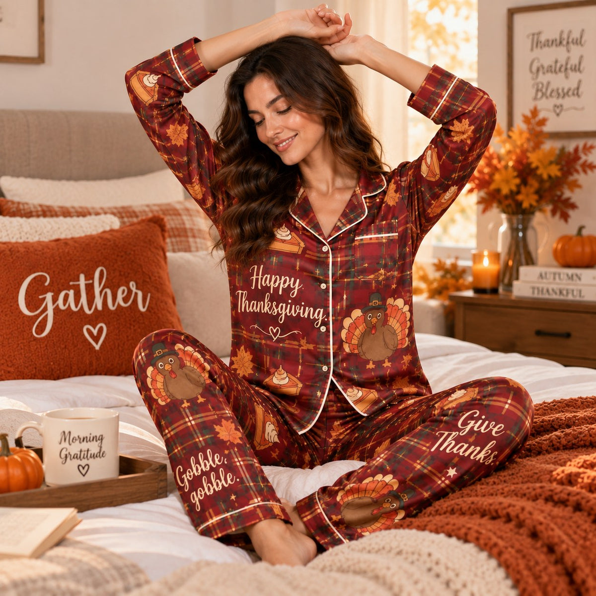 Happy Thanksgiving Give Thanks Gobble Gobble Plaid Turkey Pie Red Satin Pyjamas Lounge Pyjamas Button Up Pyjamas Gifts For Her