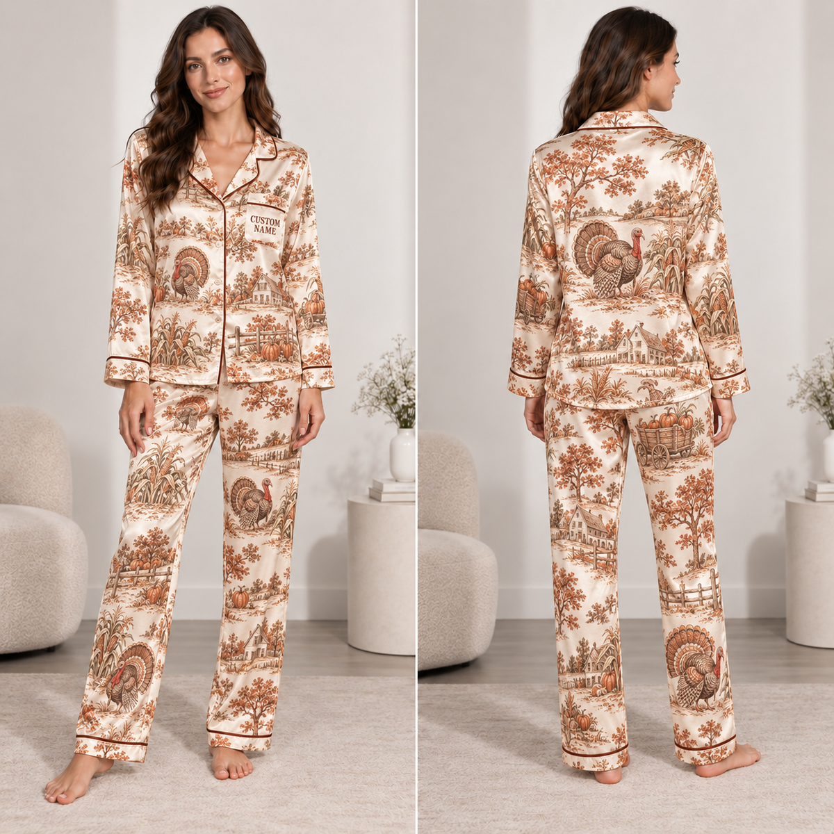 satin pajama set in thanksgiving turkey and pumpkin print, model standing