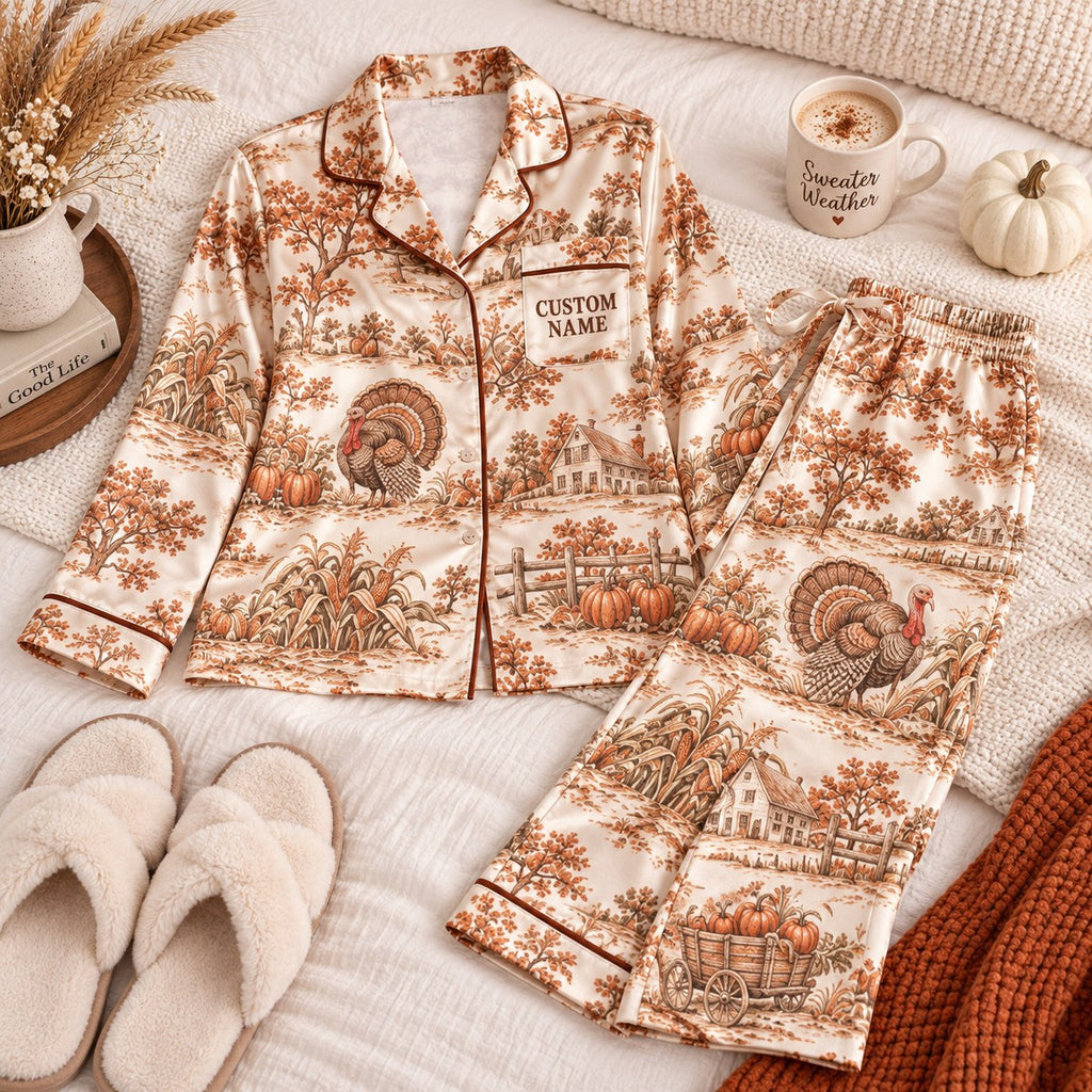 farmhouse turkey toile satin pajamas flat lay with a custom name on the chest