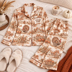 farmhouse turkey toile satin pajamas flat lay with a custom name on the chest