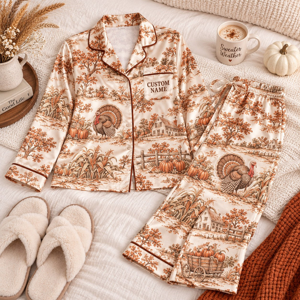 farmhouse turkey toile satin pajamas flat lay with a custom name on the chest