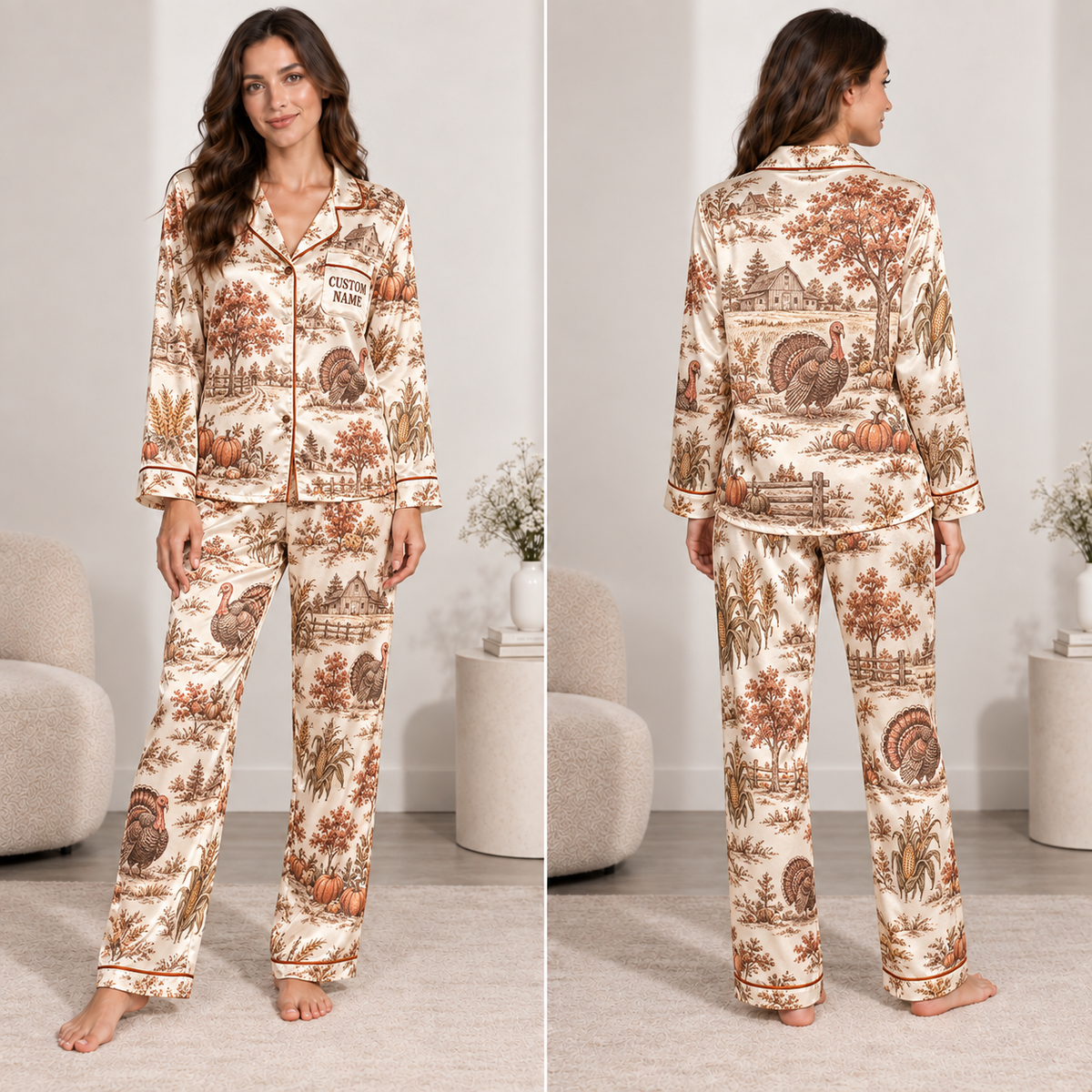 woman wearing a beige toile thanksgiving satin pajama set