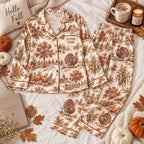 rust toile turkey satin pajamas flat lay with a custom name on the chest