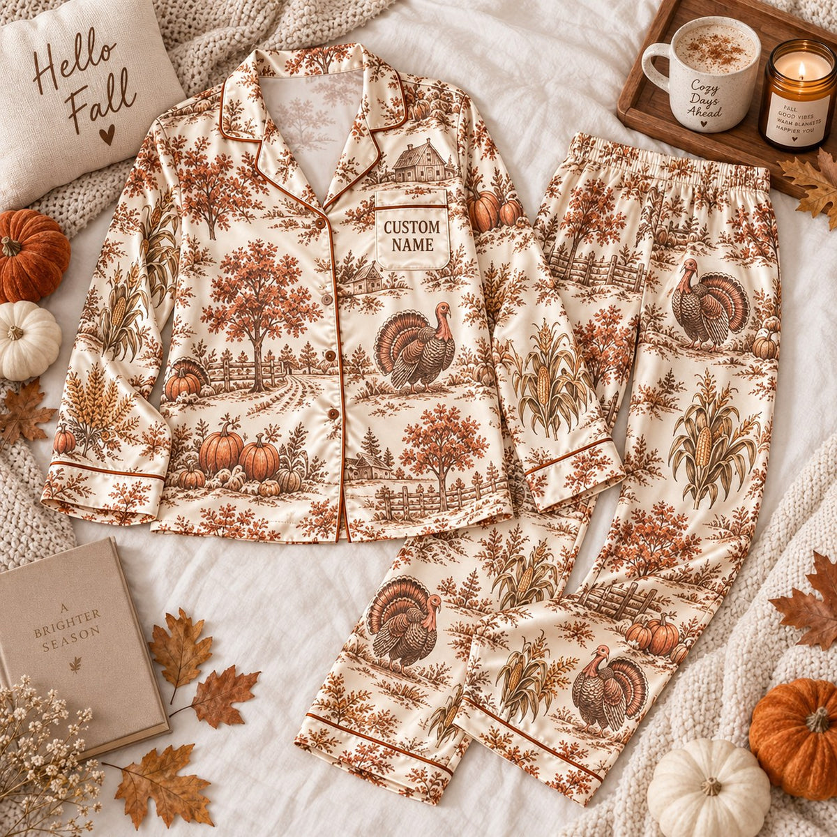 rust toile turkey satin pajamas flat lay with a custom name on the chest