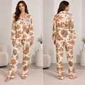 woman modeling a thanksgiving turkey pumpkin harvest satin pajama set, front view