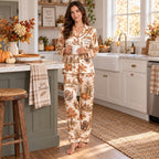 back view of a fall harvest satin pajama set with turkey pumpkin