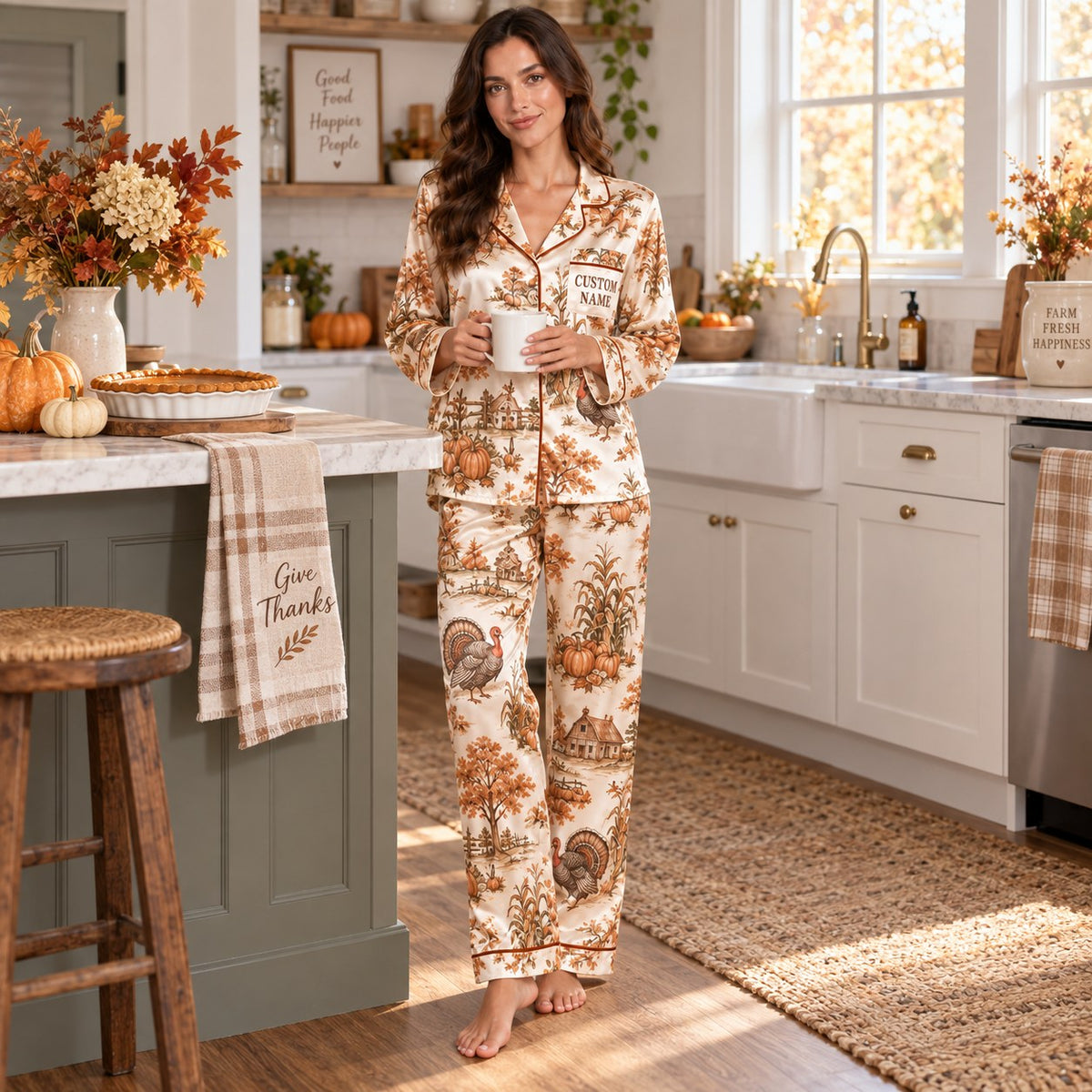back view of a fall harvest satin pajama set with turkey pumpkin