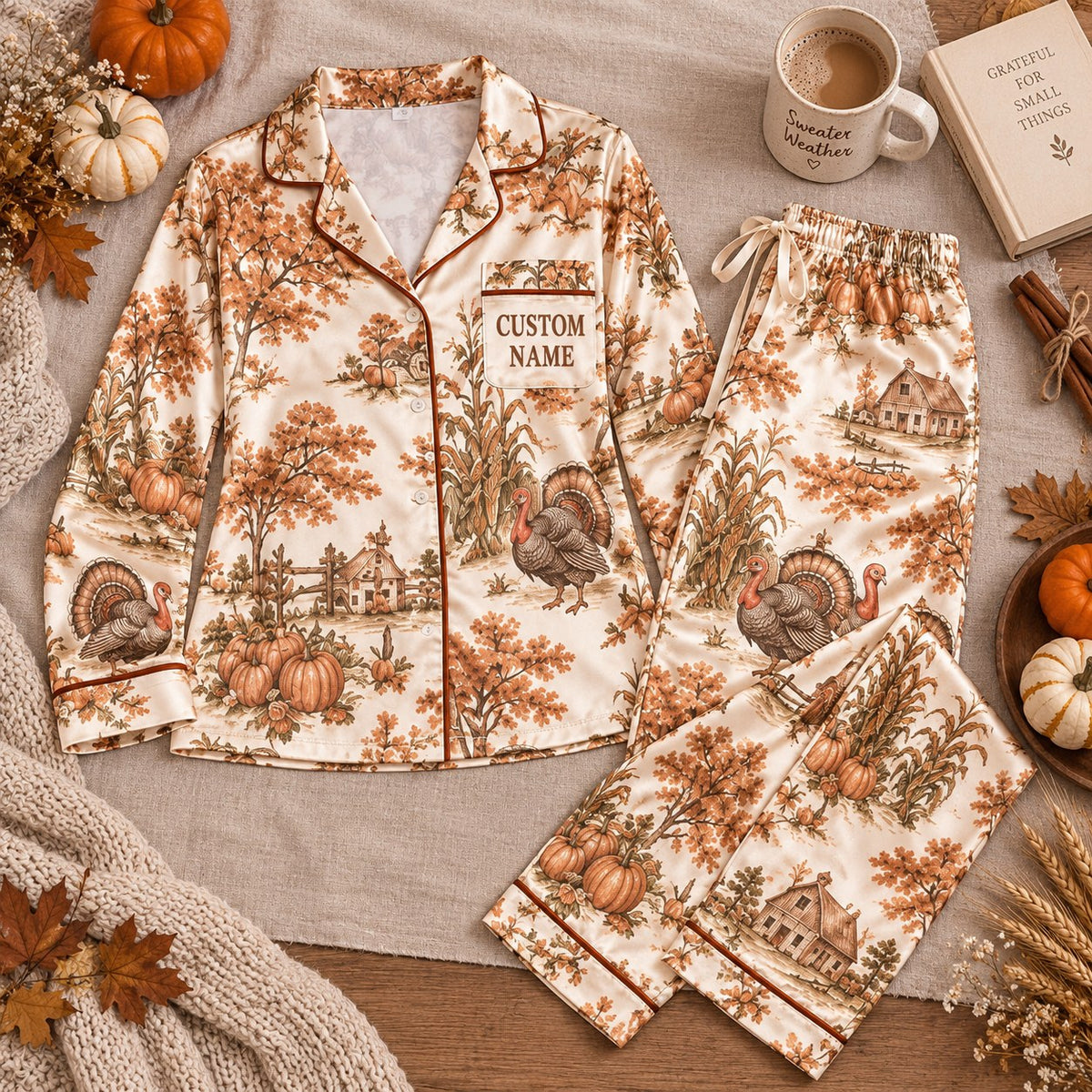 autumn turkey harvest satin pajamas flat lay with a custom name on the chest