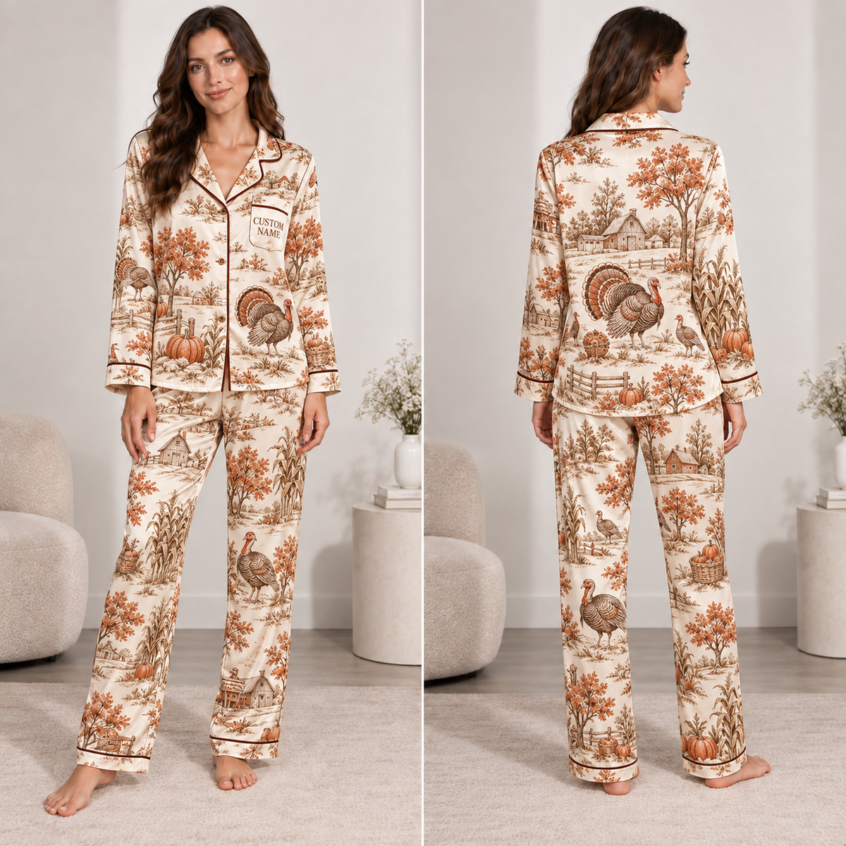 woman wearing thanksgiving turkey and pumpkin satin pajama set