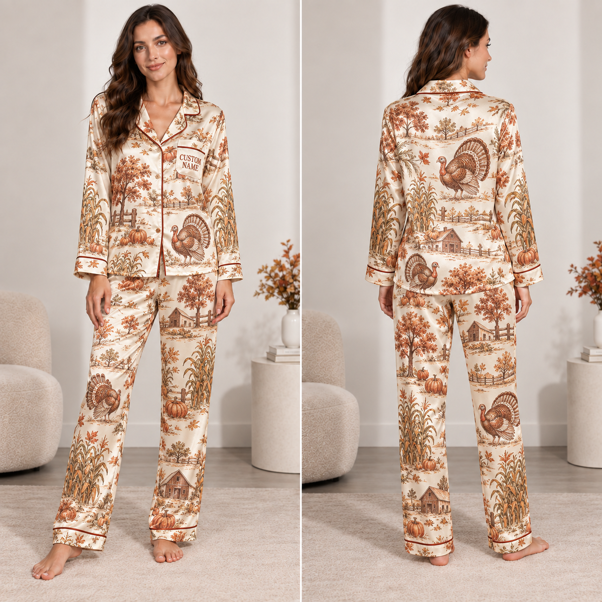 woman wearing a thanksgiving turkey and pumpkin satin pajama set