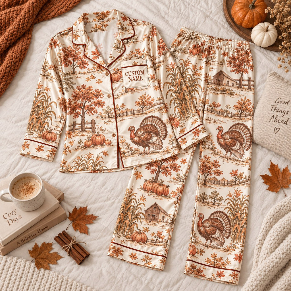 flat lay turkey farmhouse print satin pajamas with a custom name on the chest