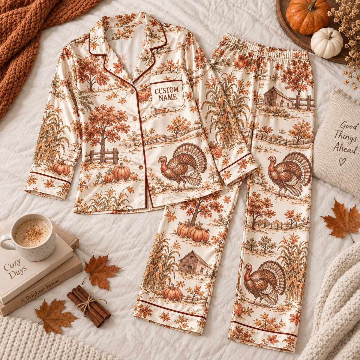 flat lay turkey farmhouse print satin pajamas with a custom name on the chest