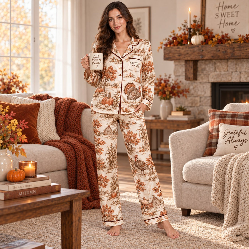 back view of cream satin pajama set with turkey pumpkin and harvest
