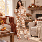 back view of cream satin pajama set with turkey pumpkin and harvest