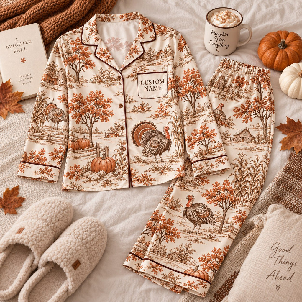 cream turkey toile satin pajamas flat lay with a custom name on the chest