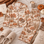 cream turkey toile satin pajamas flat lay with a custom name on the chest