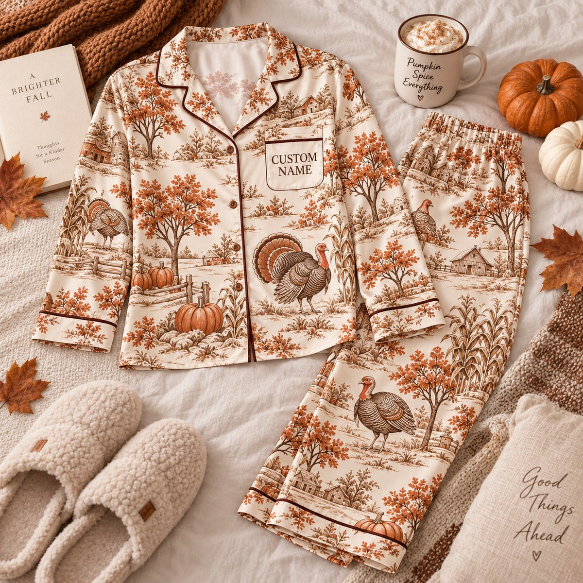 cream turkey toile satin pajamas flat lay with a custom name on the chest
