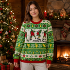 woman wearing a ugly christmas sweater by a lit tree