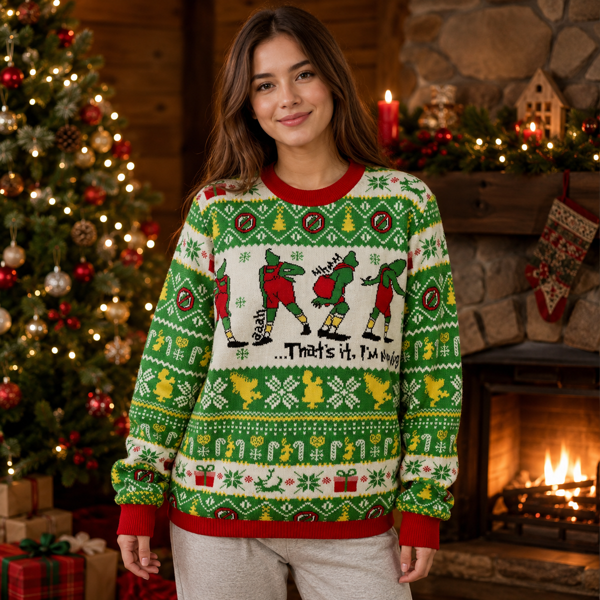 woman wearing a ugly christmas sweater by a lit tree