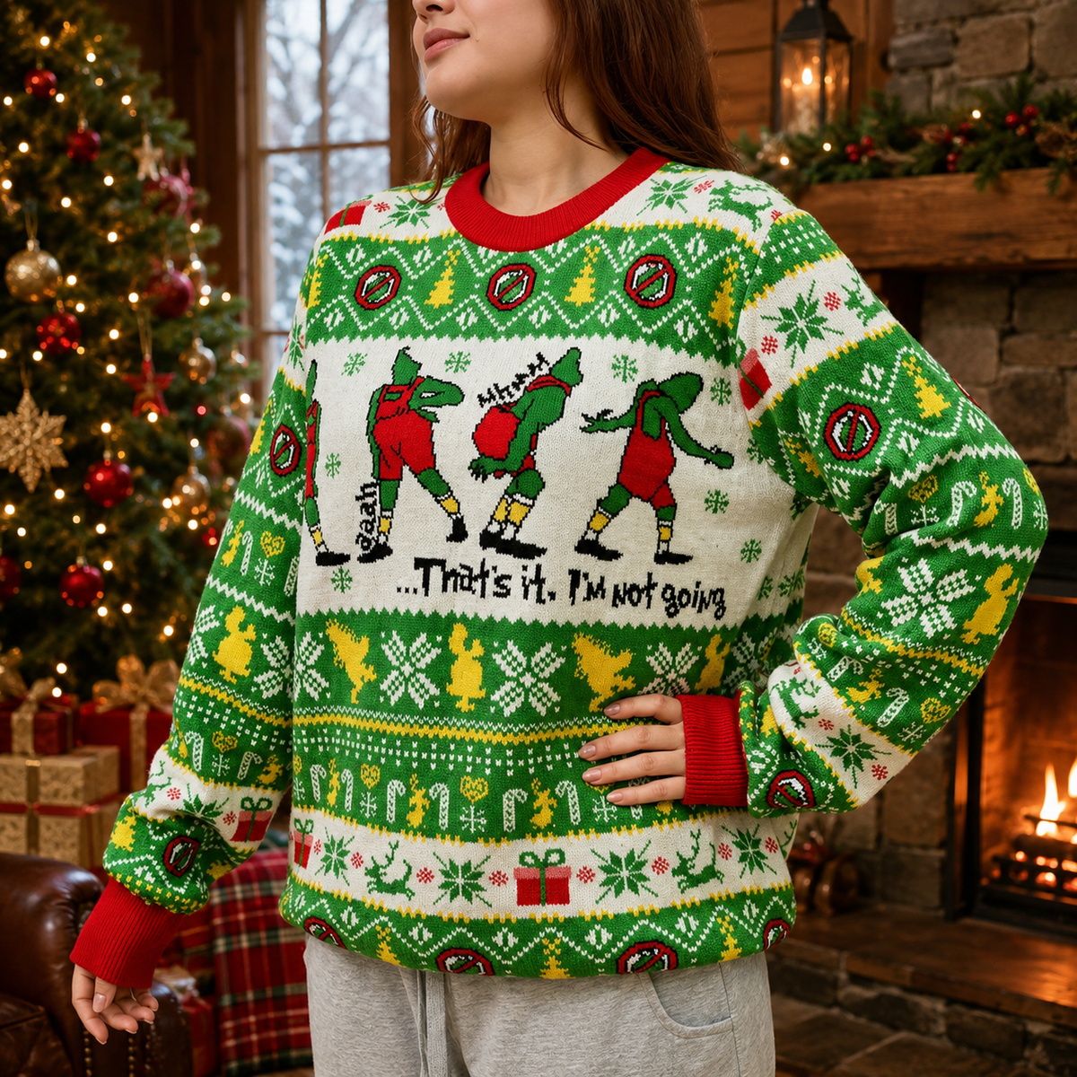 green figures and nagging quote on knit sweater front