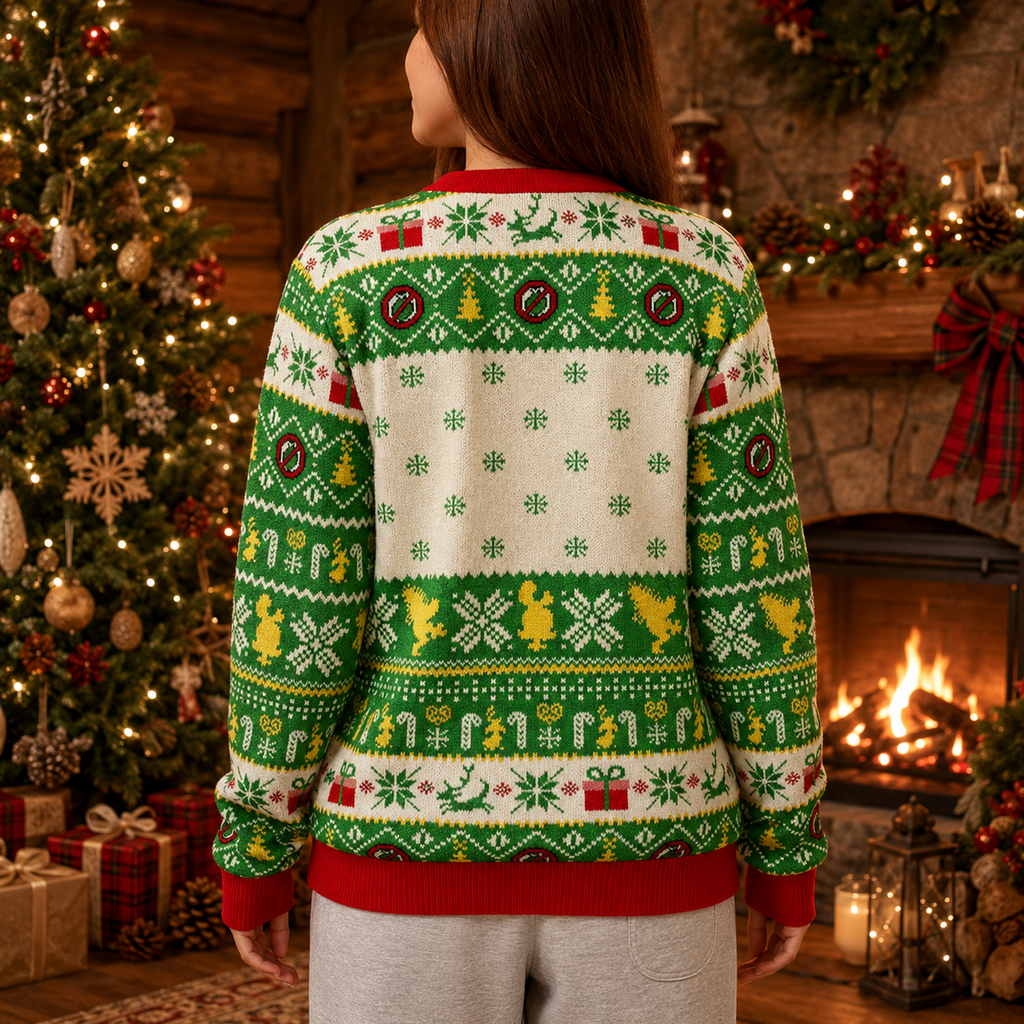 back view of knit christmas sweater by fireplace